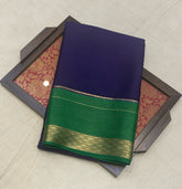 Dark Slate Blue Mysore Crepe Silk Saree With Green Pallu